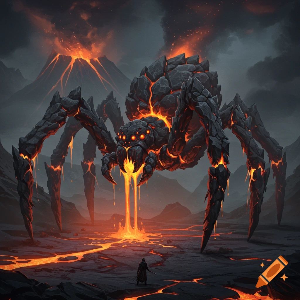 A giant spider made of rock and lava looms over a small figure in a volcanic landscape.