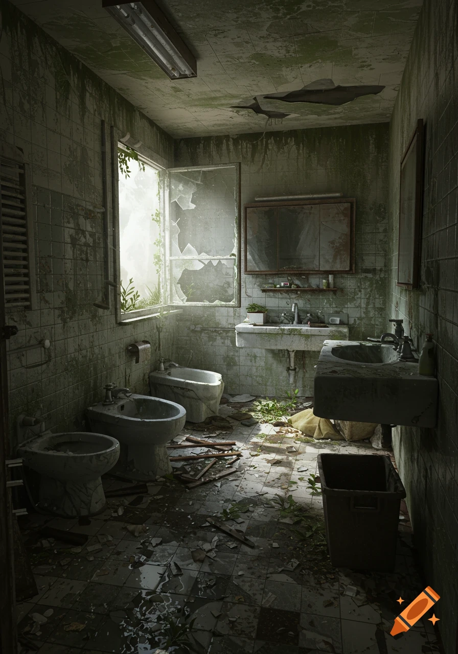 Realistic render of a destroyed post-apocalyptic bathroom.