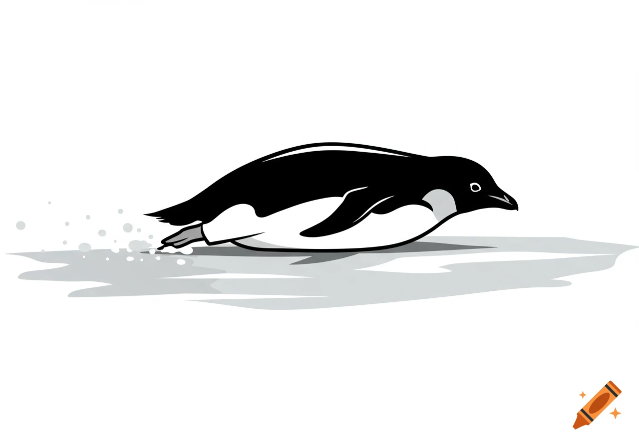 Monochrome illustration of a penguin sliding on its belly