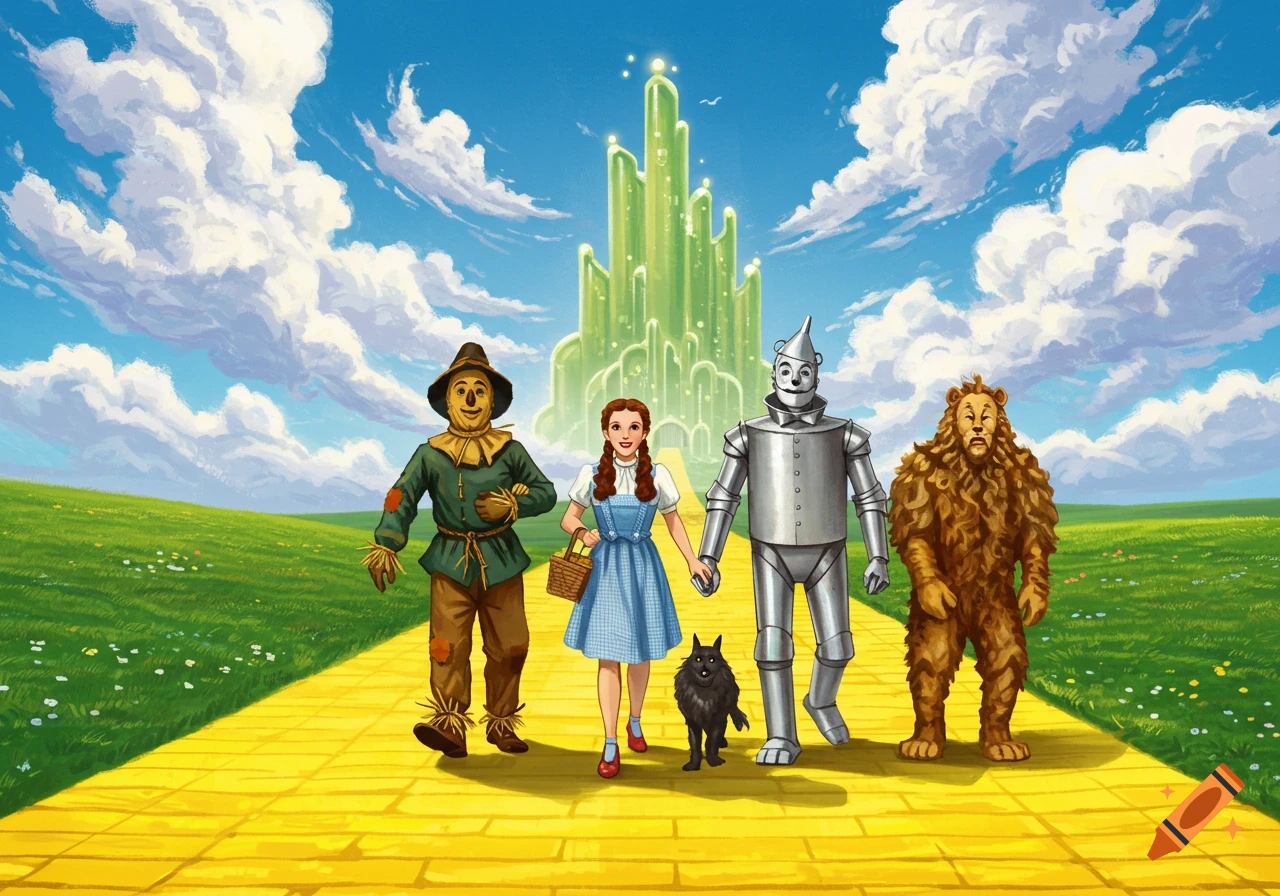 Scarecrow, Dorothy, Toto, Tin Man, and Cowardly Lion walk the yellow