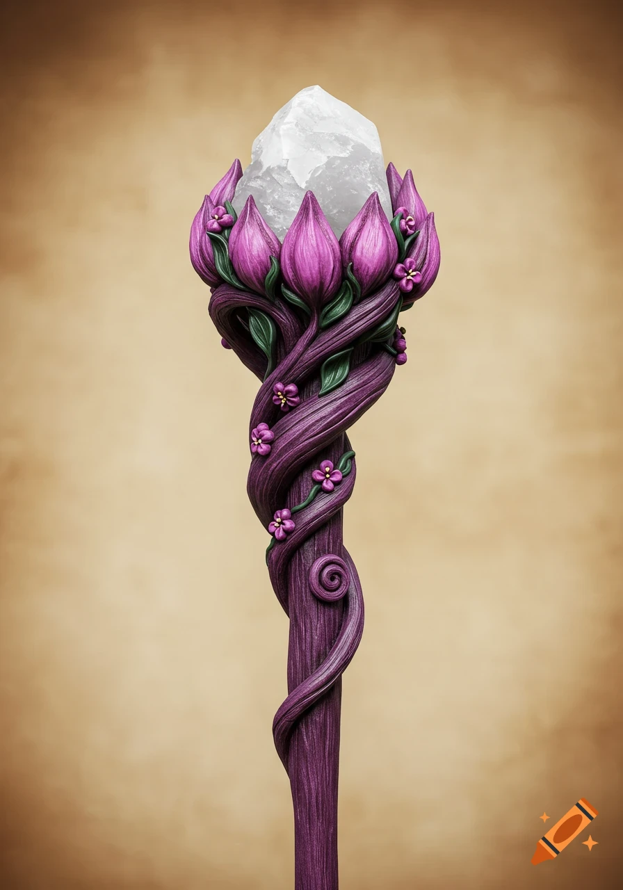 A photorealistic fantasy staff made of purple wood wrapped with vines and topped with a crystal surrounded by purple flower petals.