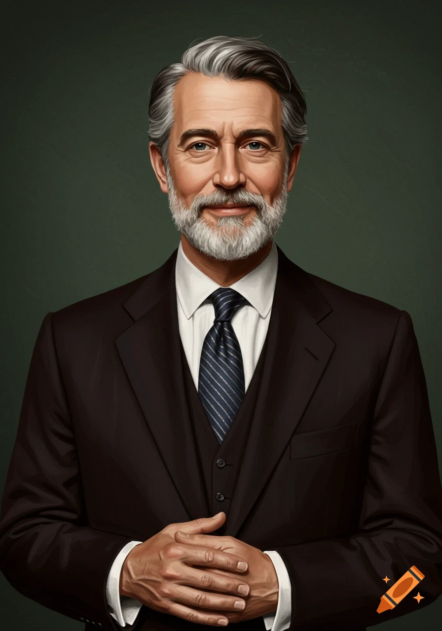 Portrait of an older man with grey hair and beard wearing a suit and tie, hands clasped, against a dark background.