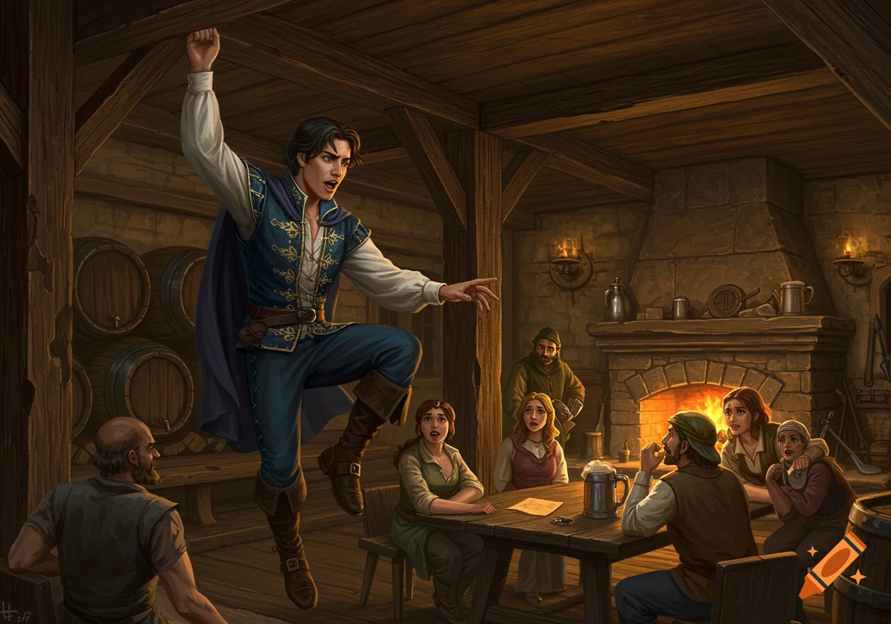 A man stands on a table in a crowded tavern, gesturing dramatically as patrons watch.