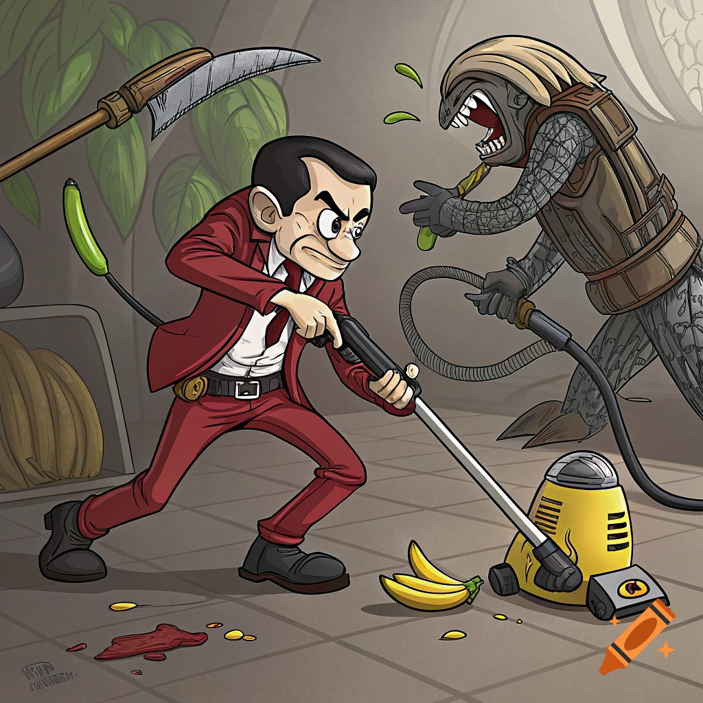 Cartoon depiction of Mr. Bean fighting an Alien creature with a vacuum cleaner.