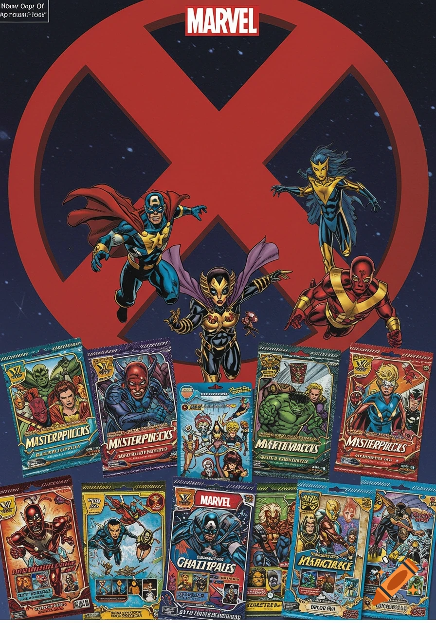 Comic art of Marvel superheroes and trading card packs with a large red X background.