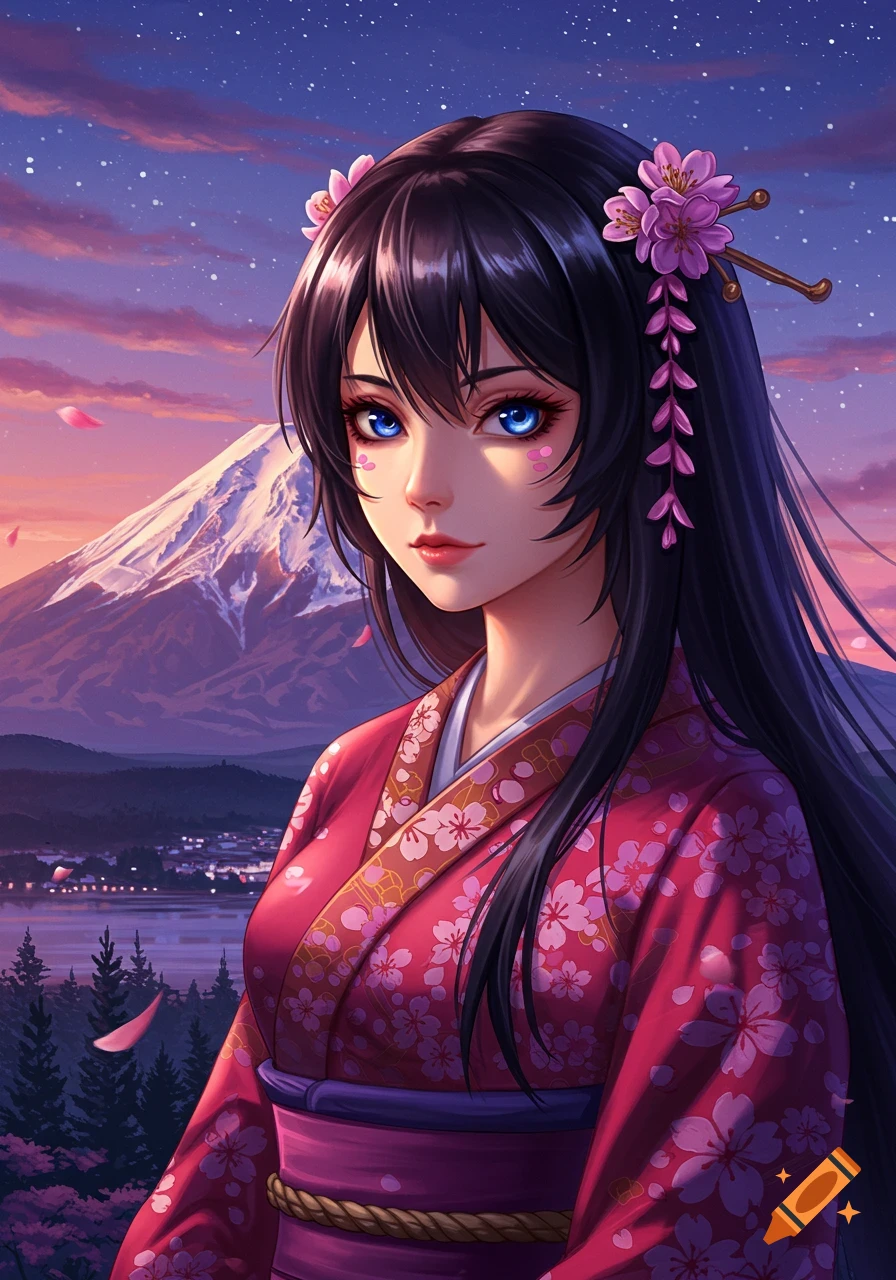 Anime illustration of a woman in a red kimono in front of Mount Fuji at sunset