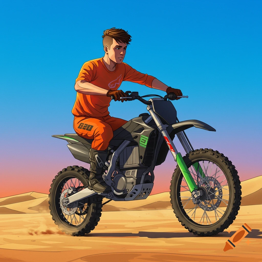 Stylized illustration of a person riding a dirtbike in the desert at sunset.