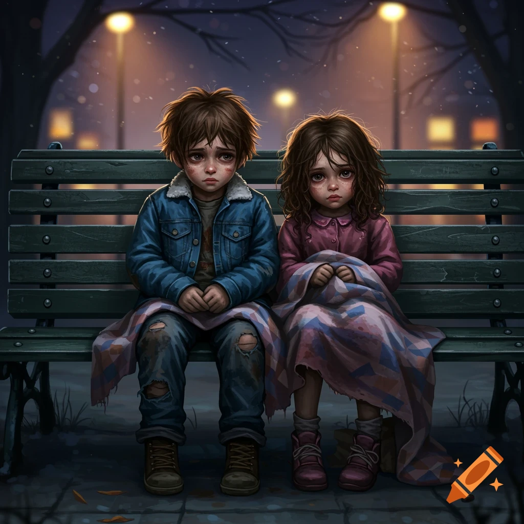 Illustrative image of two sad children sitting on a park bench at night under a blanket.