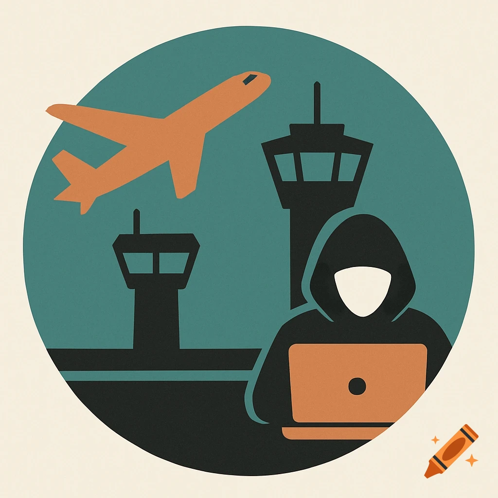 Stylized illustration inside a circle showing an airplane, airport control towers, and a hacker with a laptop.
