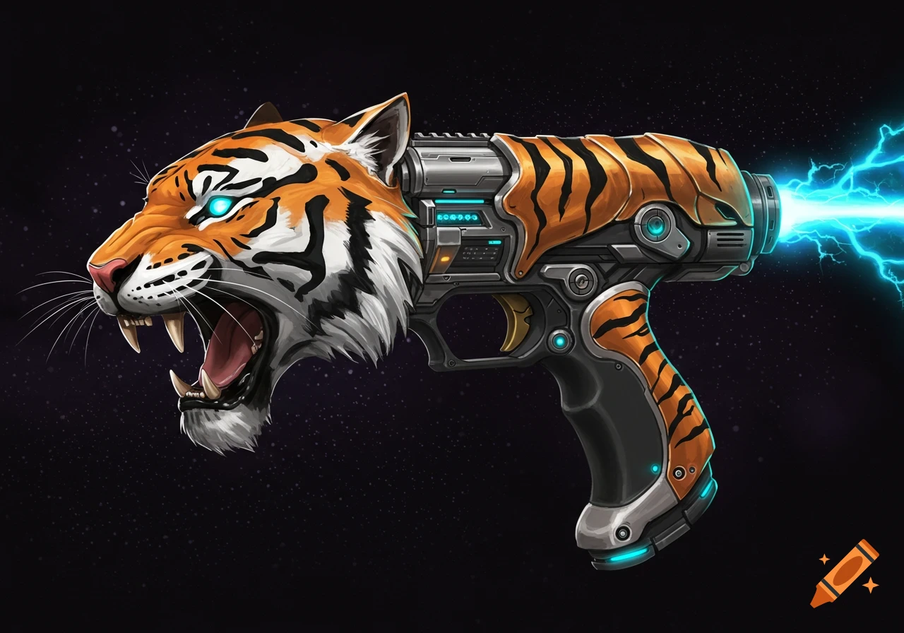 A sci-fi handgun designed like a tiger head and body, glowing energy blasts from the barrel.
