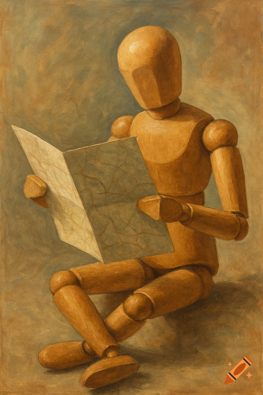A wooden art mannequin sits and reads a folded paper map. Painterly style.