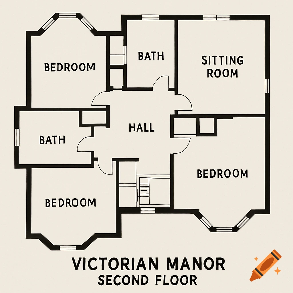 Floor plan of the second floor of a Victorian manor showing bedrooms, baths, sitting room, and hall.
