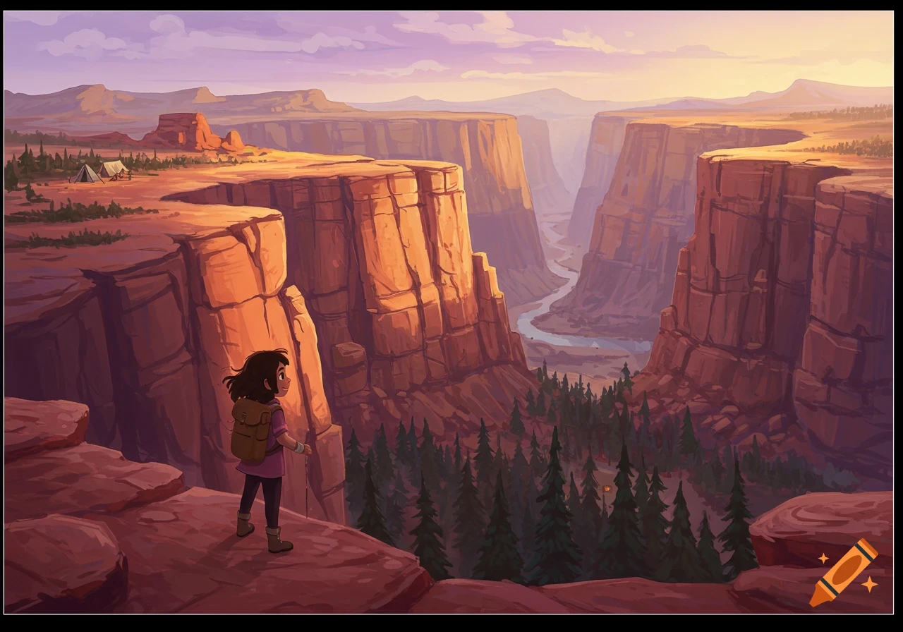 Illustrated view of a girl overlooking a vast canyon landscape with a river below.