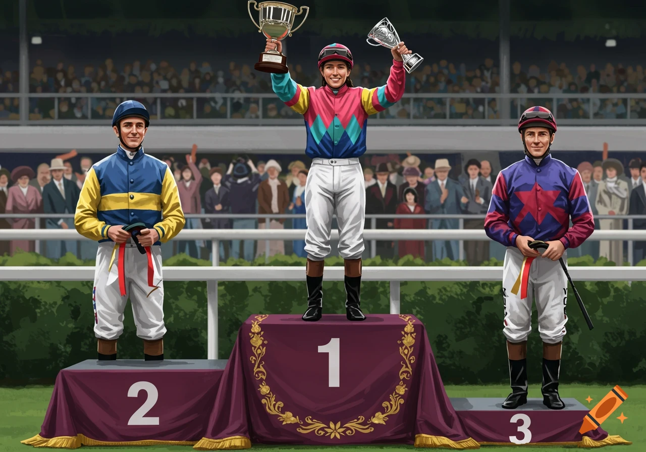 Illustration of three jockeys on a winners' podium with trophies, cheering crowd in background.