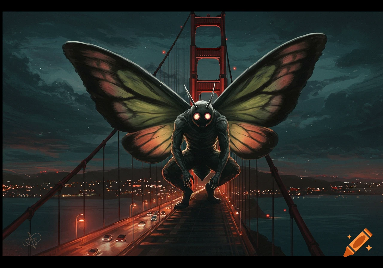A giant mothman crouches on the Golden Gate Bridge at night in an artistic style.