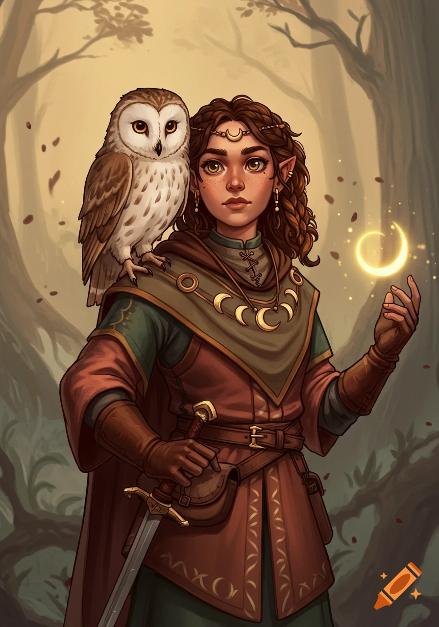 Fantasy elf character with an owl and magic in a forest
