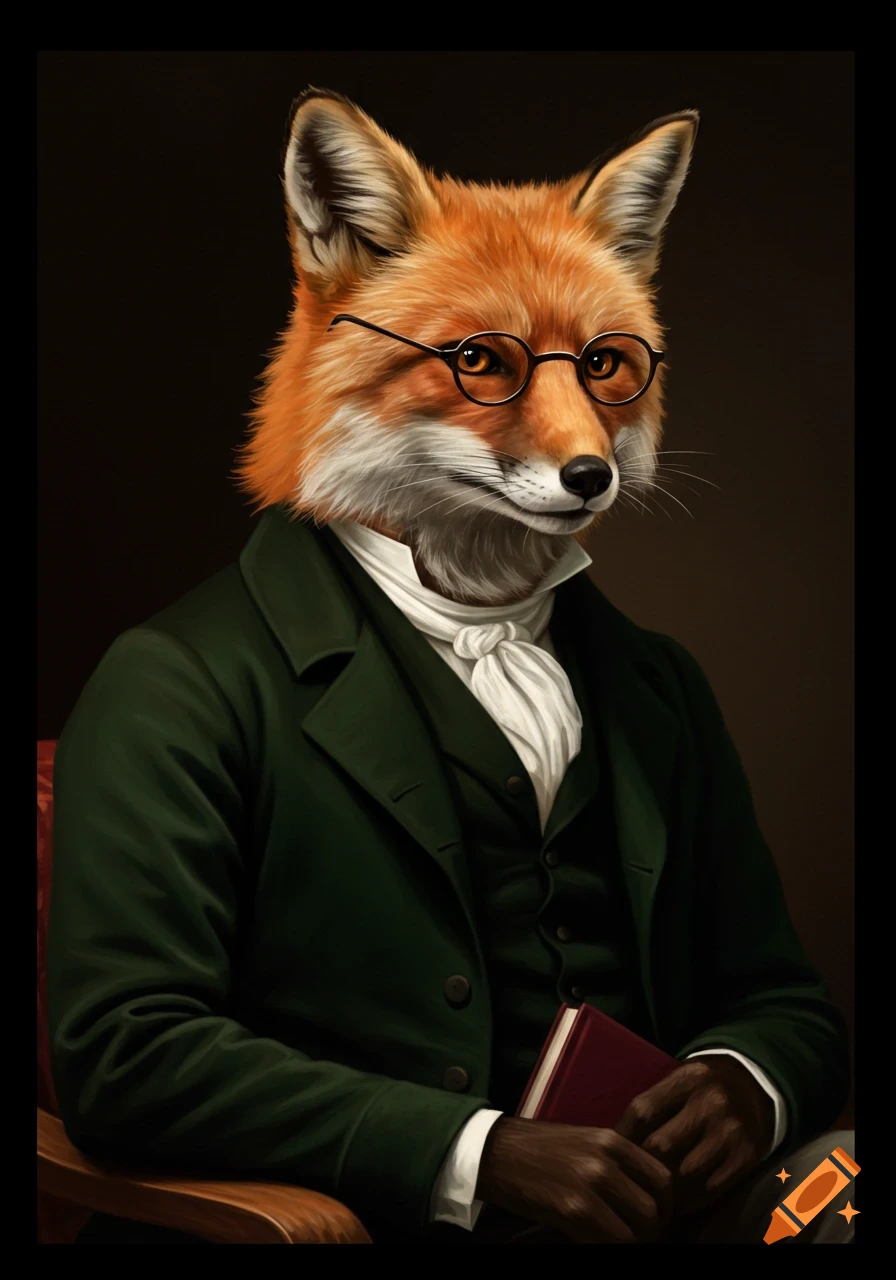 Anthropomorphic fox in glasses and green suit seated, holding a book, in a dark portrait style.