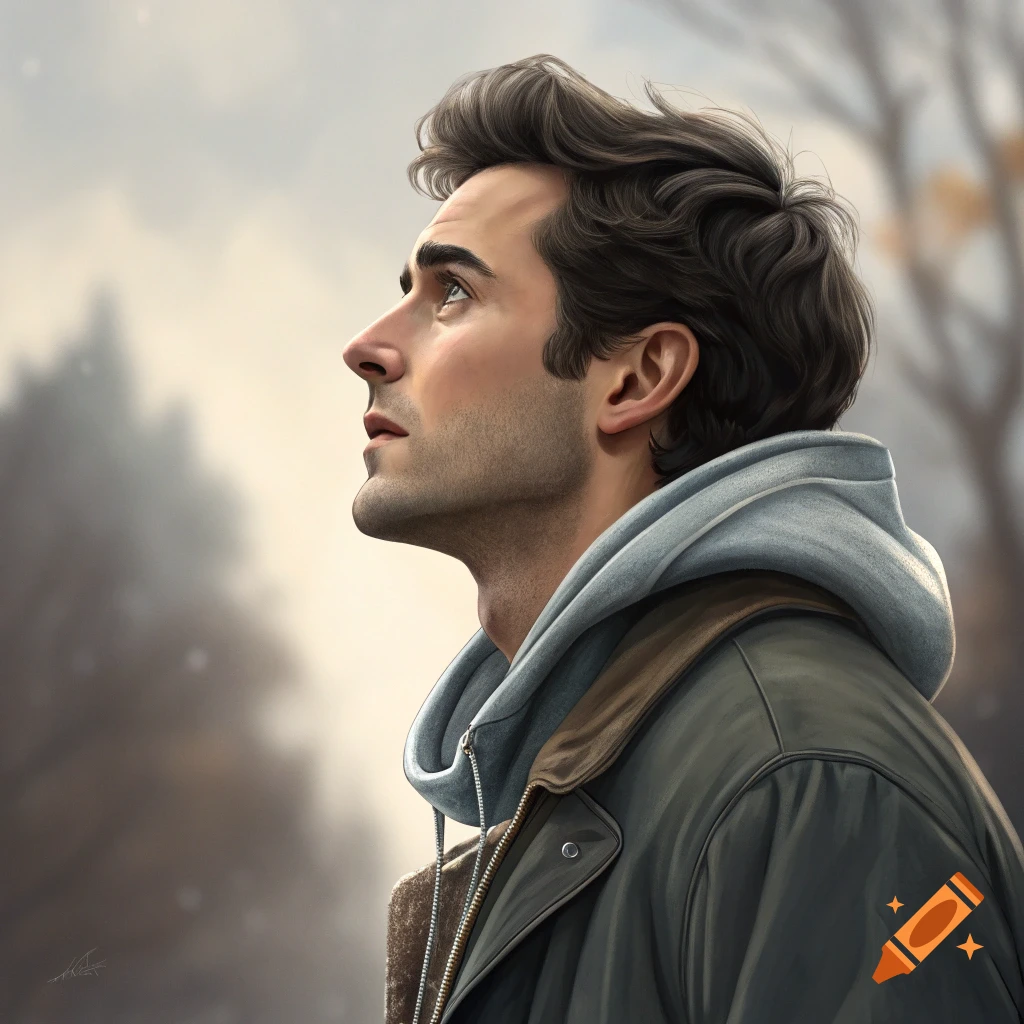 Close-up profile portrait of a young man looking up in an outdoor setting