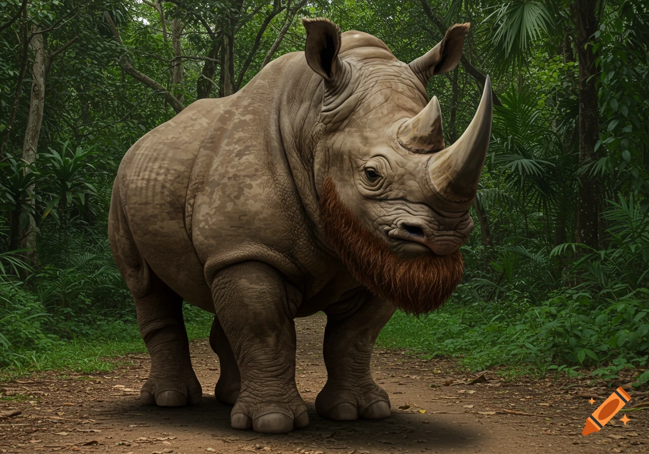 A rhinoceros with a brown beard stands on a dirt path in a lush jungle.