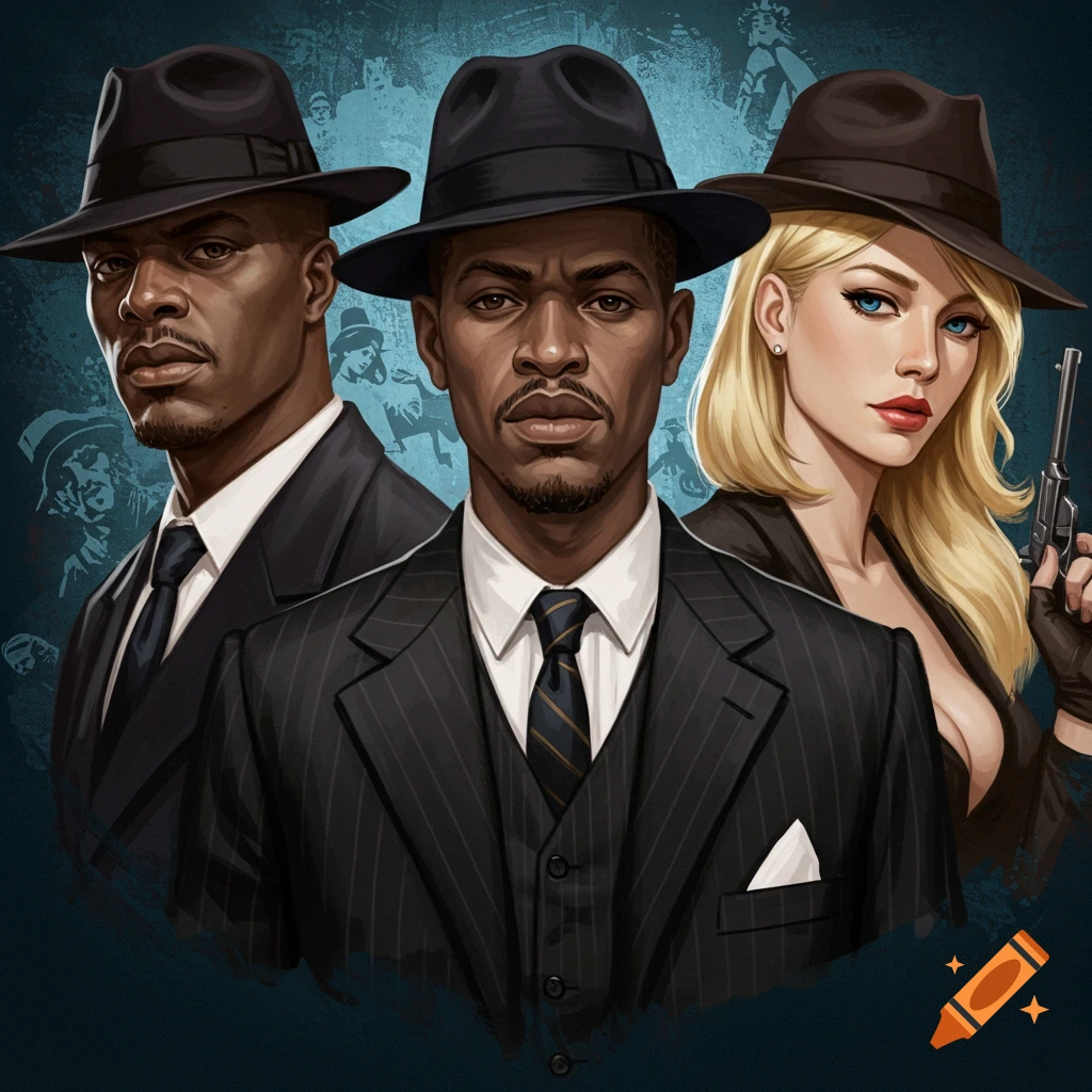 Illustrative portrait of three people in fedoras and suits, one holding a pistol, in a noir style.