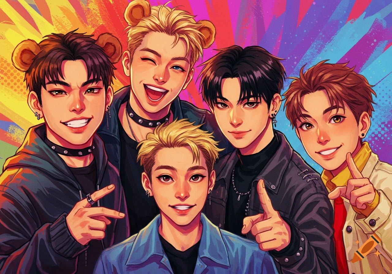 Anime illustration of five young men with colorful clothes and background, some with animal ears.