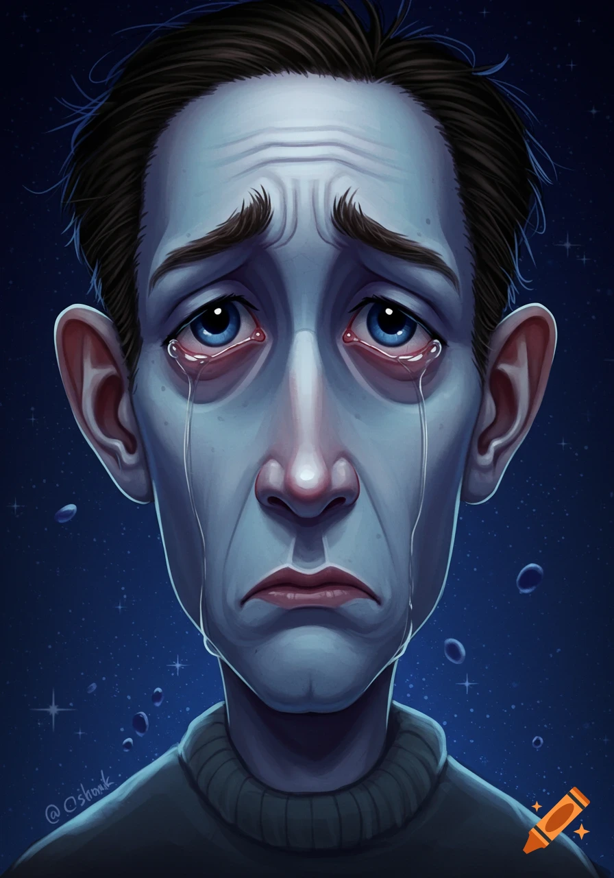 Stylized illustration of a sad man with tears against a starry blue background.