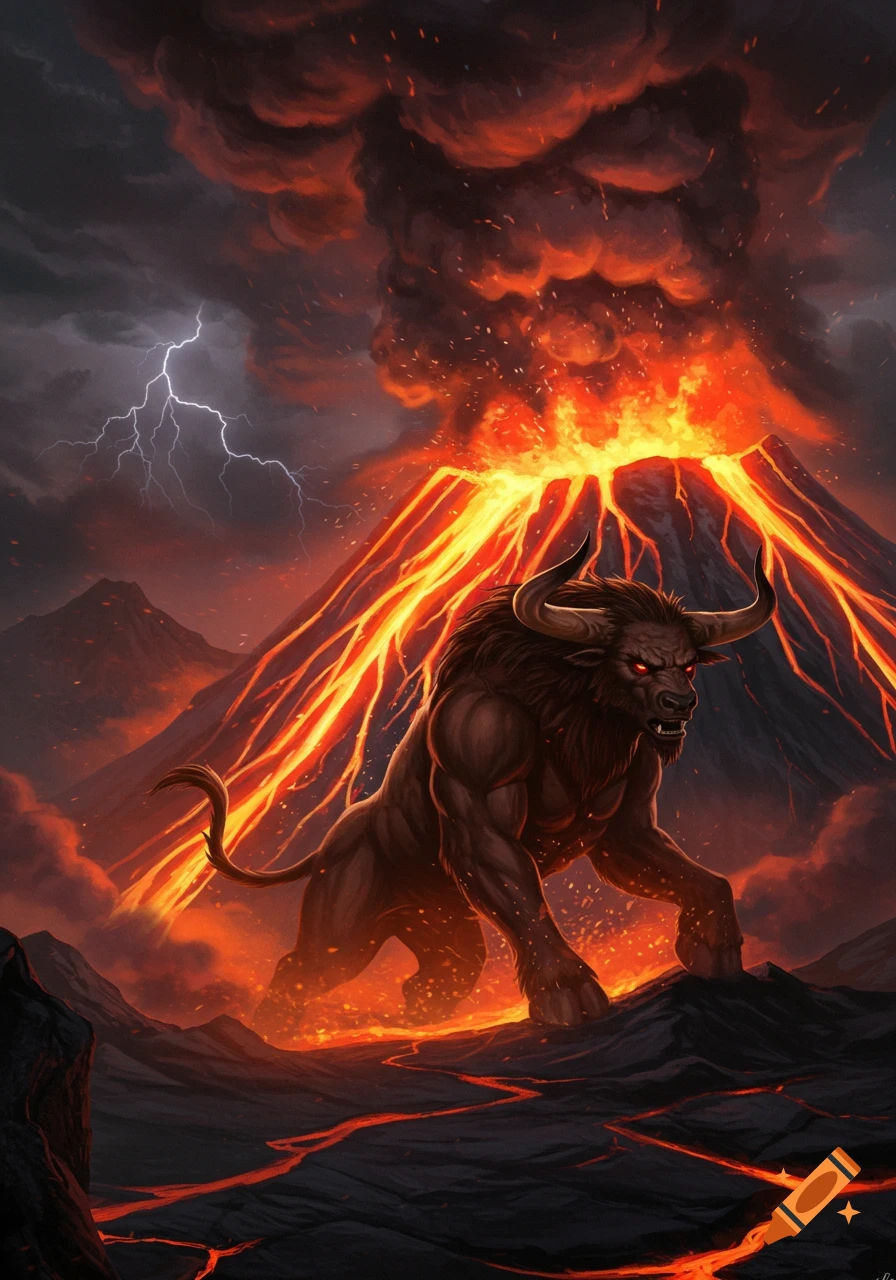 A muscular minotaur emerges from an erupting volcano with lava flows and lightning in a dark sky, digital art.