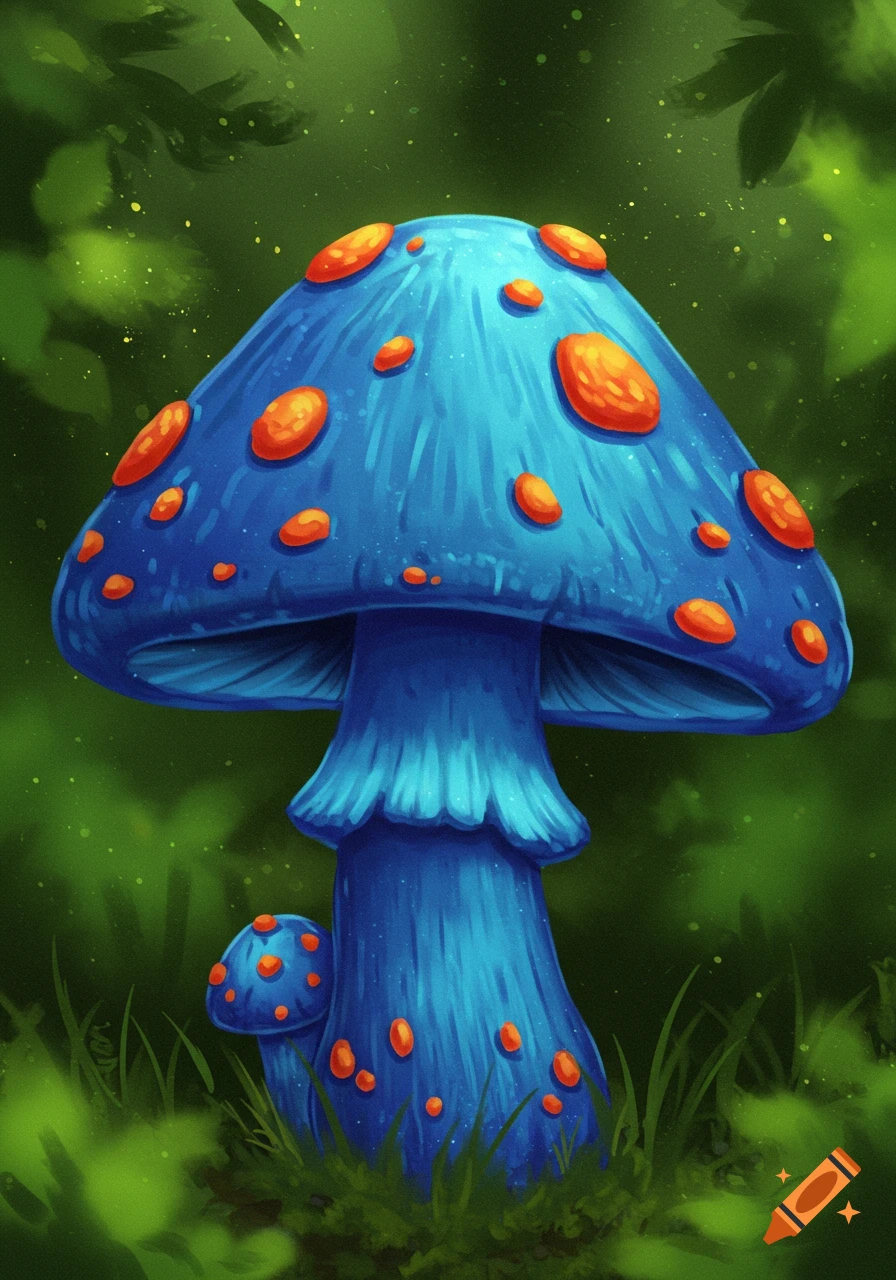 An illustrative painting of a large blue mushroom with orange spots next to a smaller one in a lush green forest clearing.