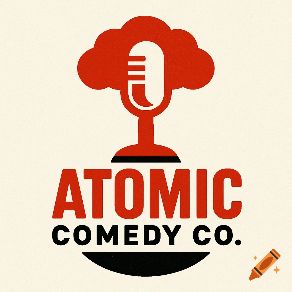 Logo for Atomic Comedy Co. with a microphone and mushroom cloud symbol in red, black, and cream.