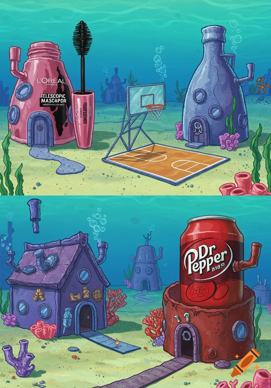 Cartoon underwater scene with houses shaped like a mascara bottle, a blue bottle, and a Dr Pepper can, and a basketball court.