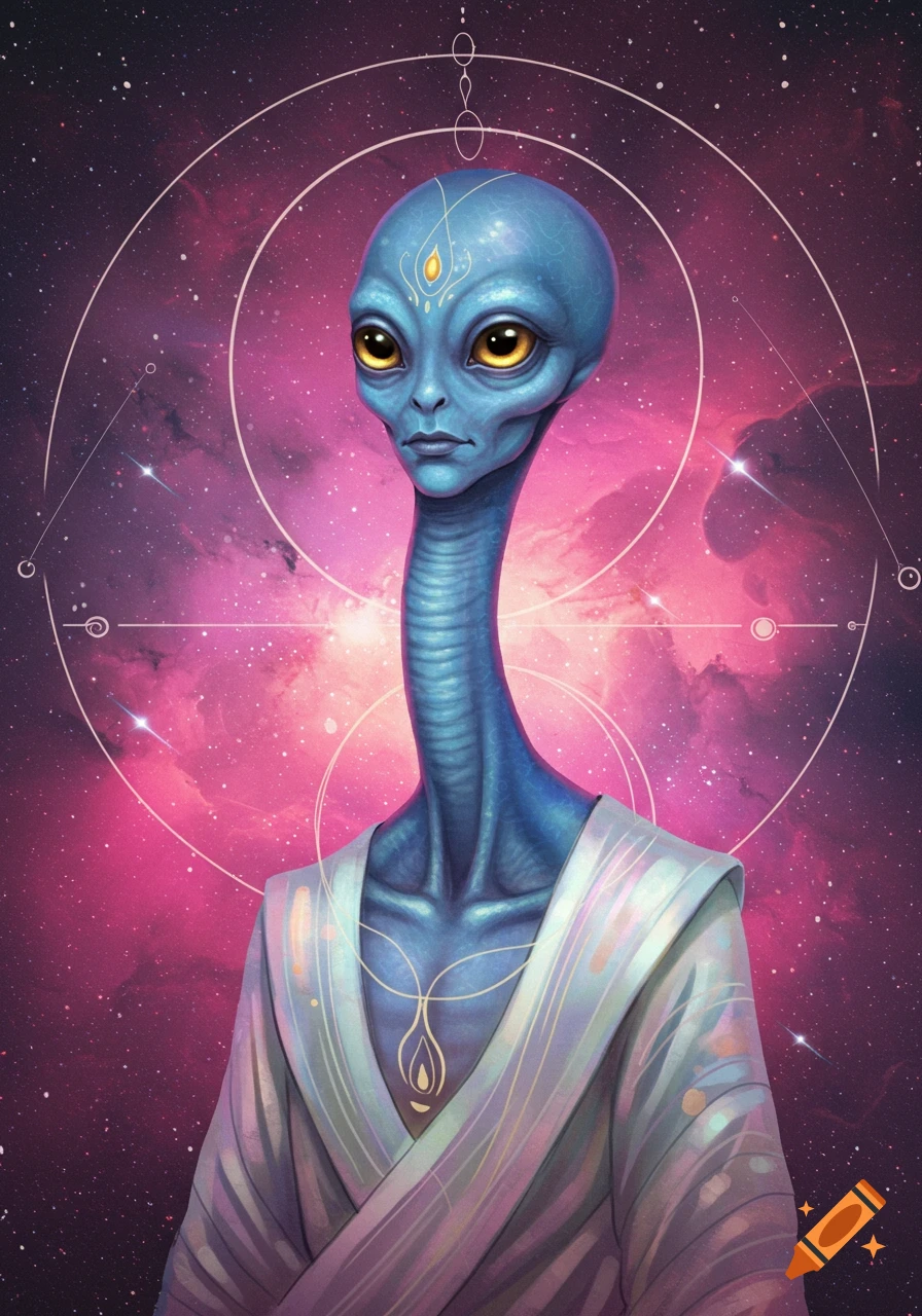 A blue alien with a long neck and yellow eyes wears a robe against a pink and purple space background with geometric symbols.