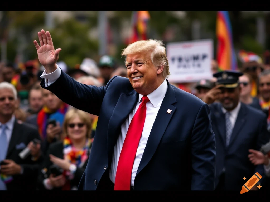 Donald Trump waves to a crowd at a parade with rainbow flags