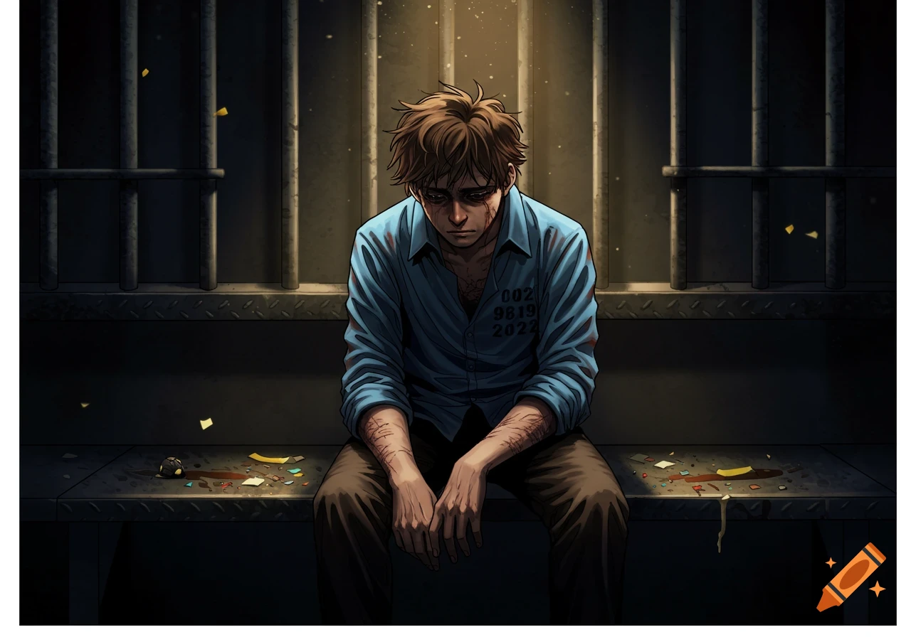 Illustration of a sad man with injuries sitting on a bench in a dark jail cell.