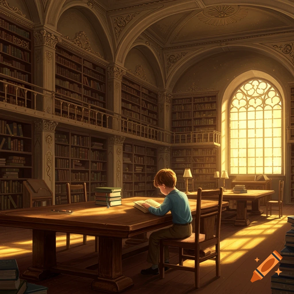 A boy reads a book at a large table in a grand library filled with bookshelves.