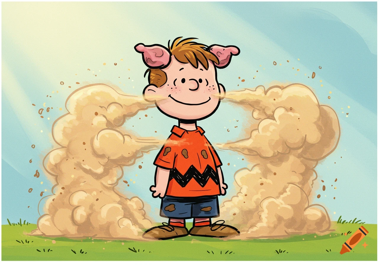 Cartoon illustration of the Pig-Pen character kicking up large dust clouds outside.