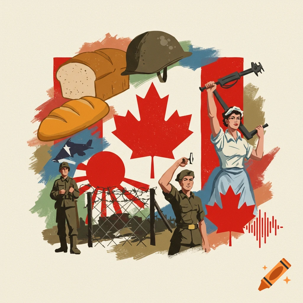 Illustration with Canadian flag and historical symbols: bread, helmet, soldiers, barbed wire, sun symbol, woman with tool, radio waves.