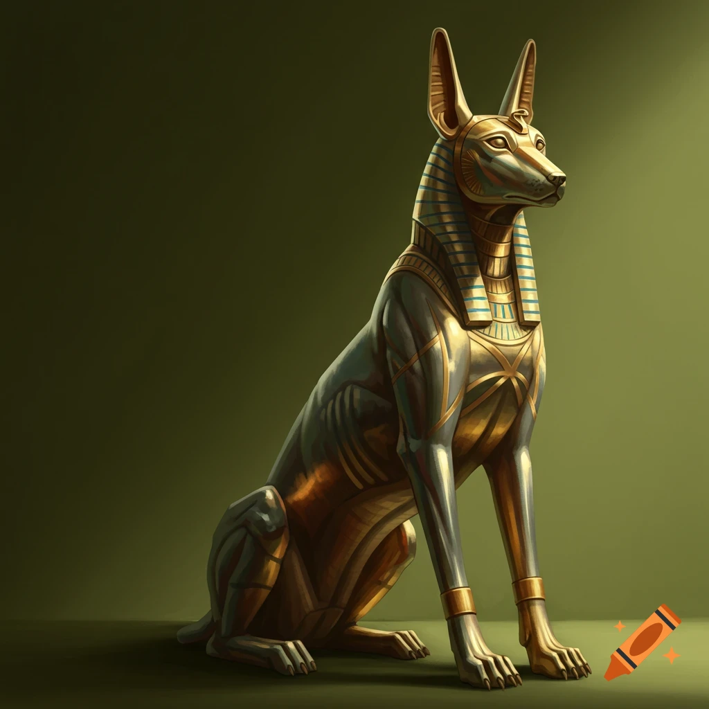 A metallic Egyptian-style statue of a sitting dog in an olive green room.
