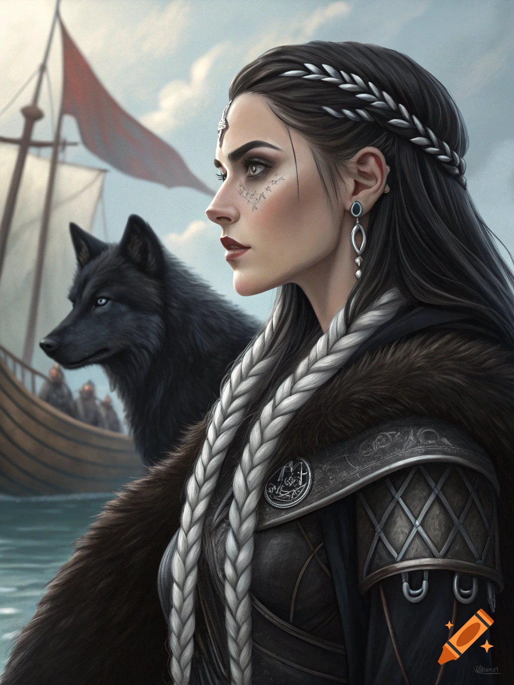 Digital art portrait of a viking woman with braided hair and face markings, standing with a black wolf near a ship.