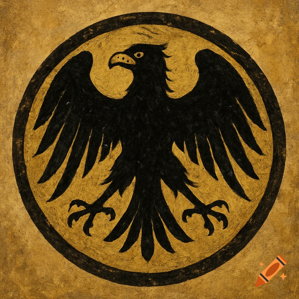 Circular symbol of a black eagle with wings spread on a gold background.