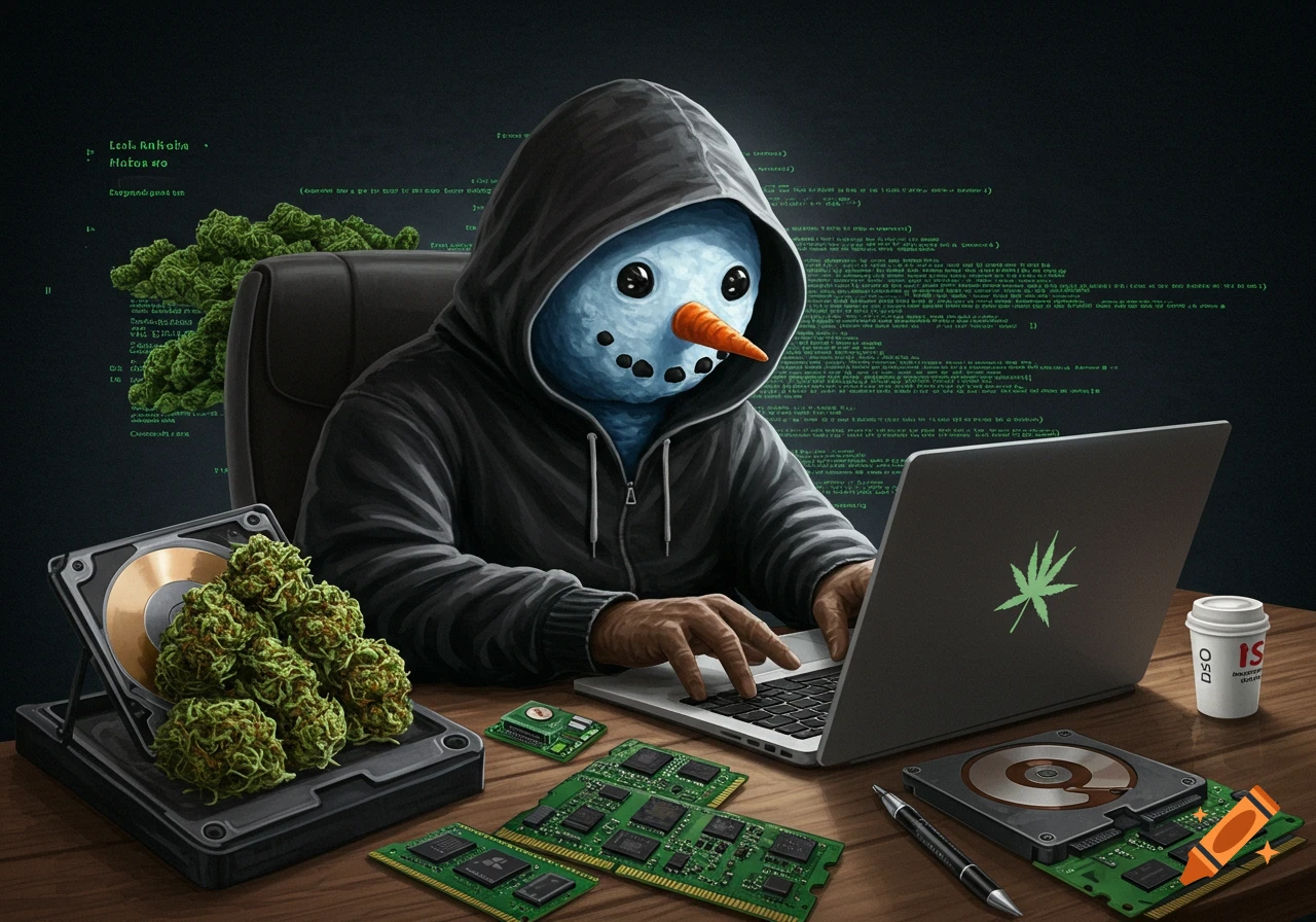 A snowman hacker in a hoodie types on a laptop at a desk with computer parts and cannabis.