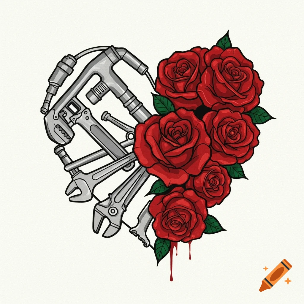 Tattoo style illustration of a heart made from plumbing tools and red roses.