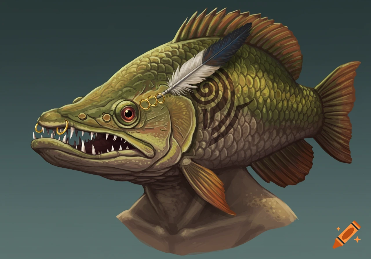 Illustration of an arapaima fish-person with feather and gold piercings