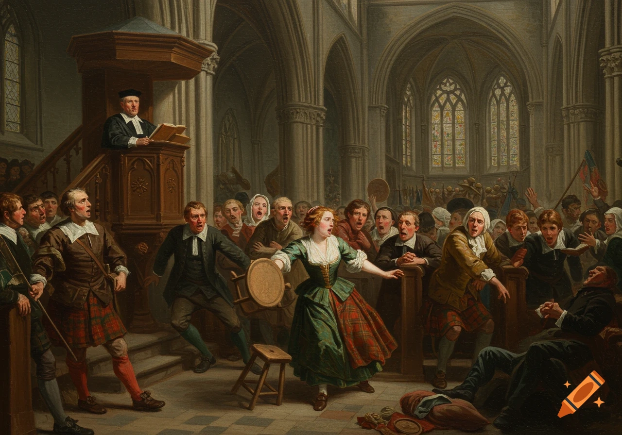 A woman throws a stool at a minister in a crowded 17th-century church, a dramatic historical painting in Baroque style.