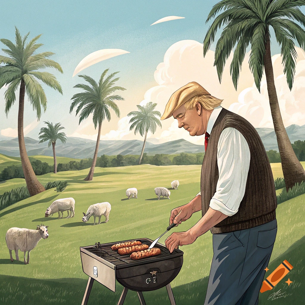 Illustration of a man resembling Donald Trump grilling sausages in a field with sheep and palm trees.