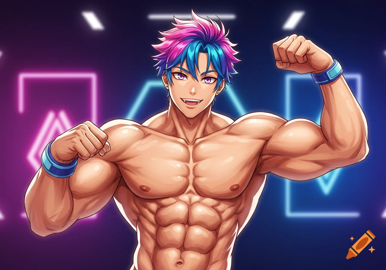 Muscular anime man with colorful hair flexing in front of neon geometric shapes.