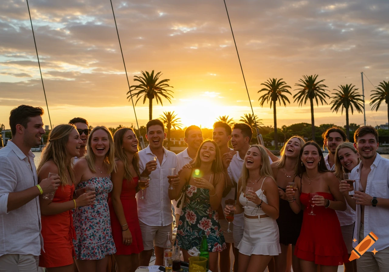 Smiling group of people on a boat during sunset with palm trees