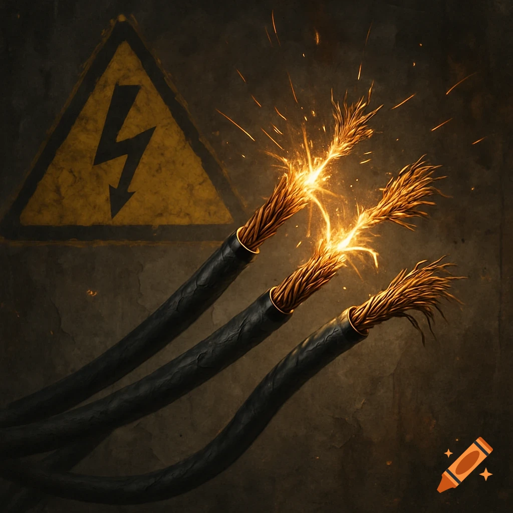 Close-up of sparking electrical wires with a high voltage warning sign.