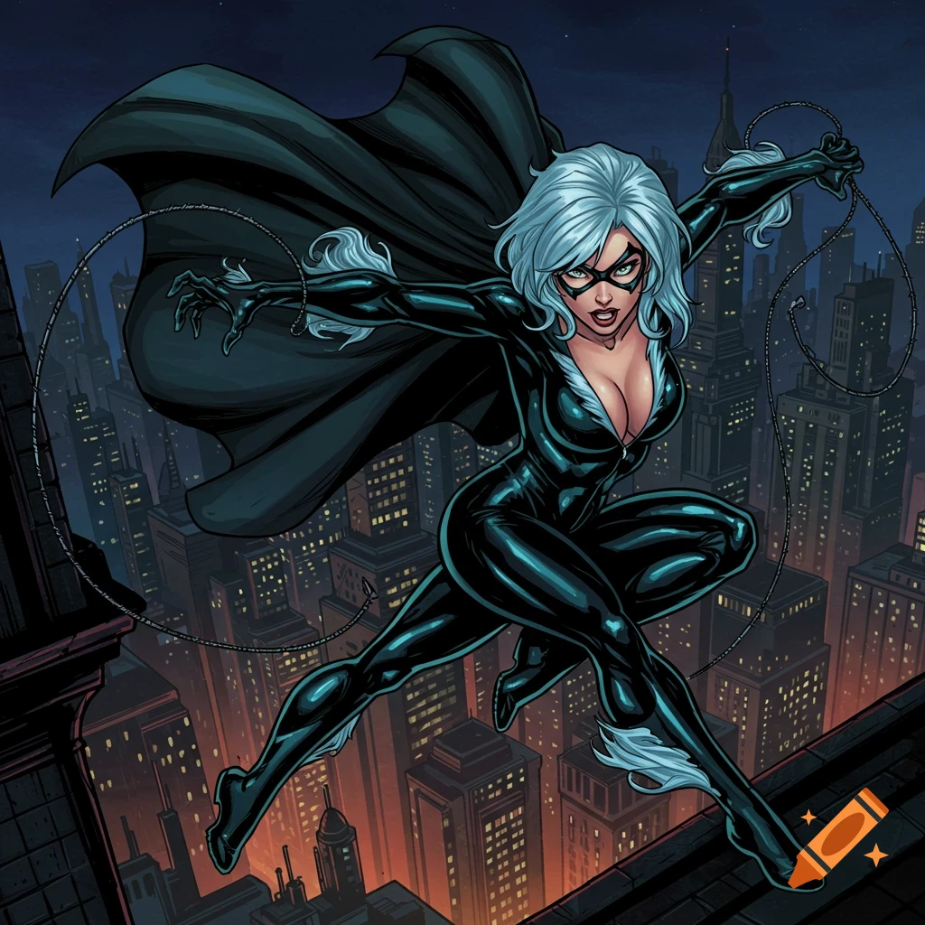 Black Cat superhero on a city rooftop at night, comic art style.