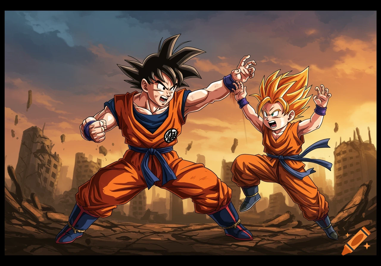 Goku and a younger fighter pose in a ruined city in anime style.