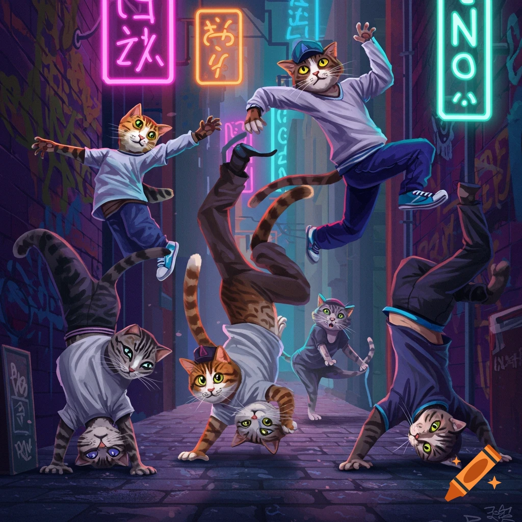 Anthropomorphic cats breakdancing in a neon-lit city alley